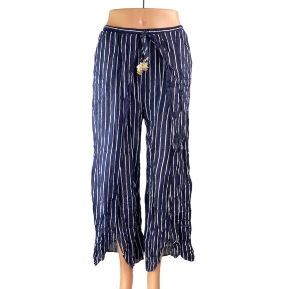 Aqua Blue Striped Tassel High Waist Split Wide Leg Palazzo Trousers Pants Size S - Picture 1 of 3